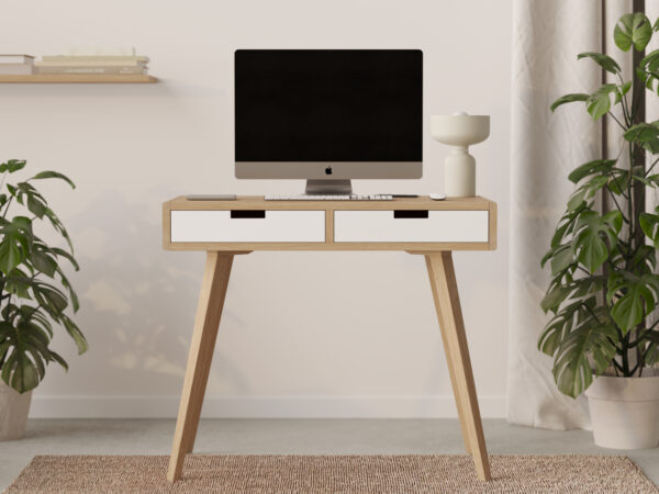 Houten bureau met witte ladefronten en open schap, 90 cm