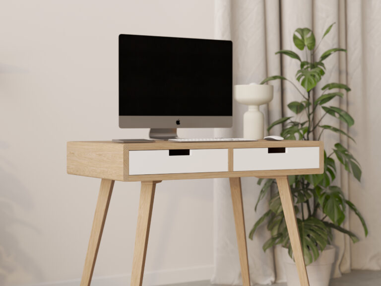Houten bureau met witte ladefronten en open schap, 90 cm