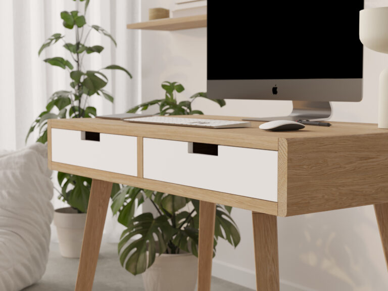 Houten bureau met witte ladefronten en open schap, 90 cm