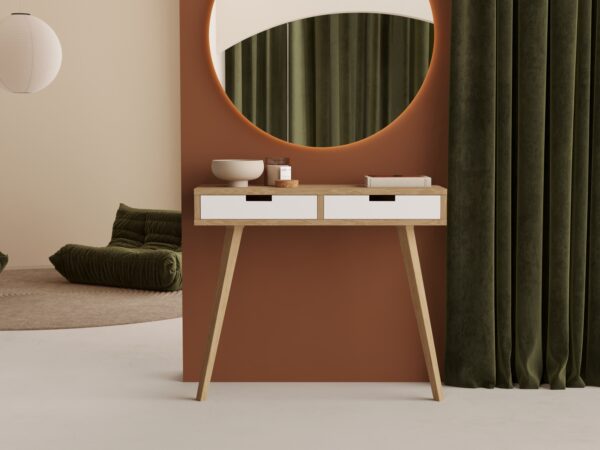 Houten sidetable met witte ladefronten, 90 x 30 cm