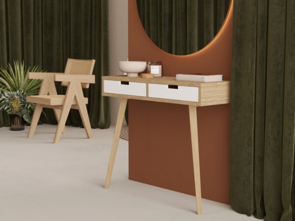 Houten sidetable met witte ladefronten, 90 x 30 cm