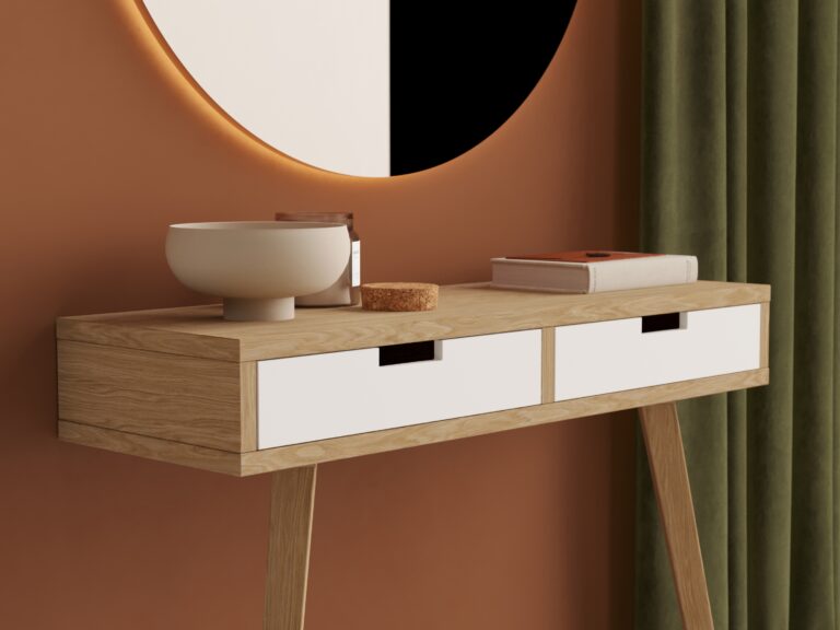 Houten sidetable met witte ladefronten, 90 x 30 cm