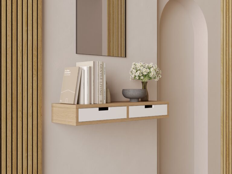 Houten wandgemonteerde sidetable met witte ladefronten