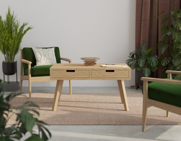 Lage massief eiken salontafel met 2 lades