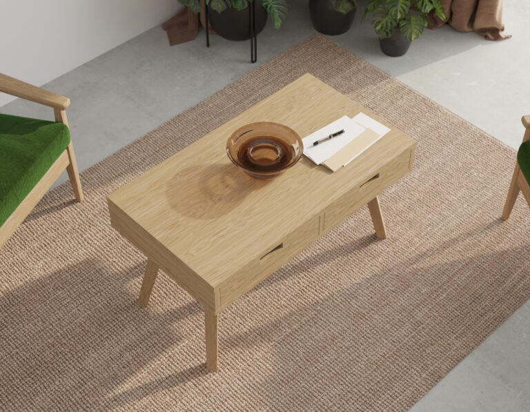 Lage massief eiken salontafel met 2 lades