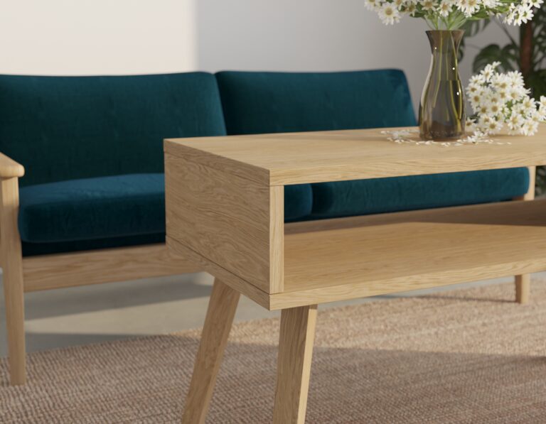 Lage rechthoekige massief eiken salontafel
