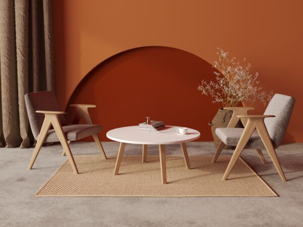 Lage ronde houten salontafel met houten poten, 90 cm