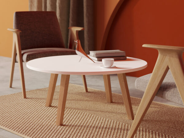 Lage ronde houten salontafel met houten poten, 90 cm