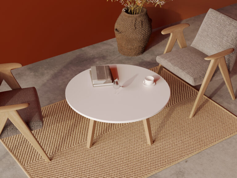 Lage ronde houten salontafel met houten poten, 90 cm