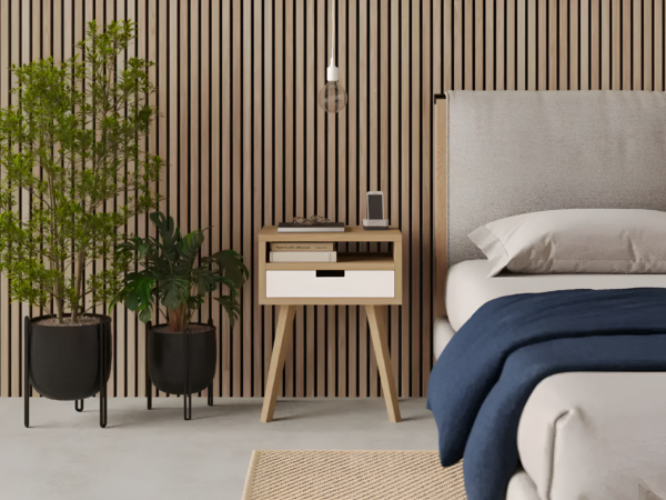 Minimalistisch massief eiken nachtkastje met lade en open schap