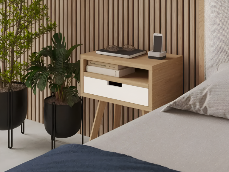 Minimalistisch massief eiken nachtkastje met lade en open schap
