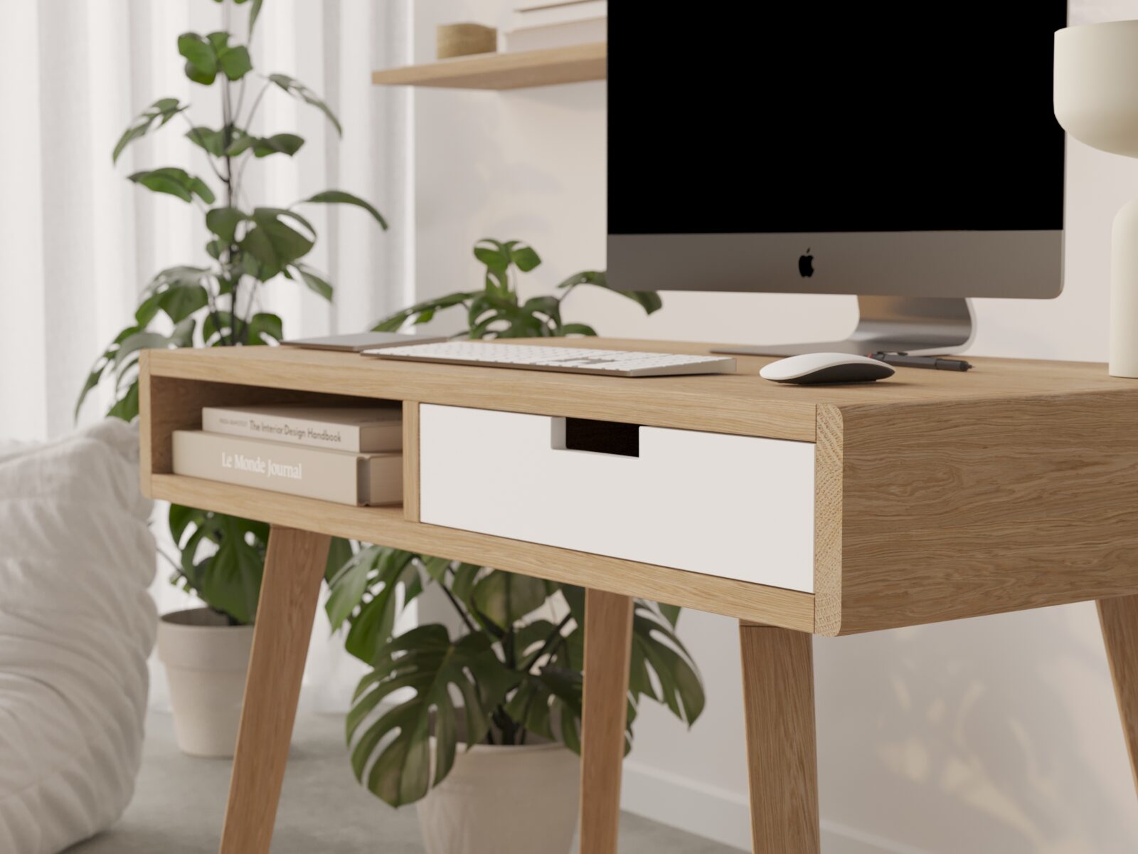 Modern houten bureau met wit ladefront en afgeronde randen