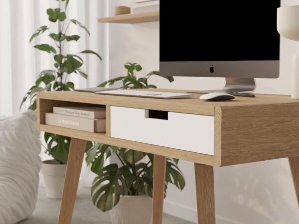 Modern houten bureau met wit ladefront en afgeronde randen