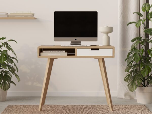 Modern houten bureau met wit ladefront en afgeronde randen