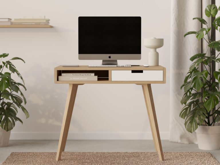 Modern houten bureau met wit ladefront en afgeronde randen
