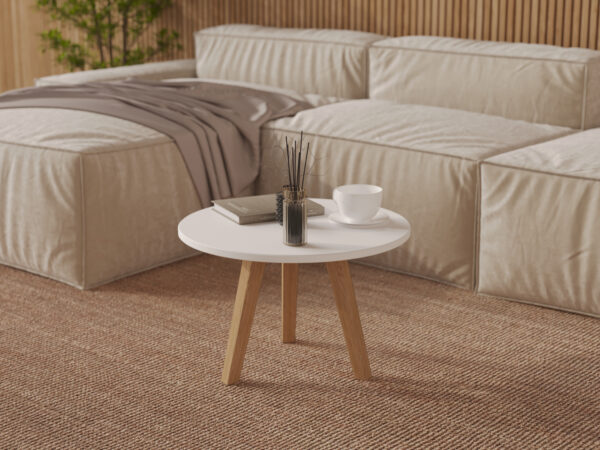 Moderne lage ronde houten salontafel met wit blad, 60 cm