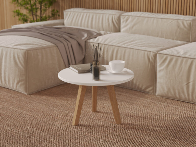 Moderne lage ronde houten salontafel met wit blad, 60 cm