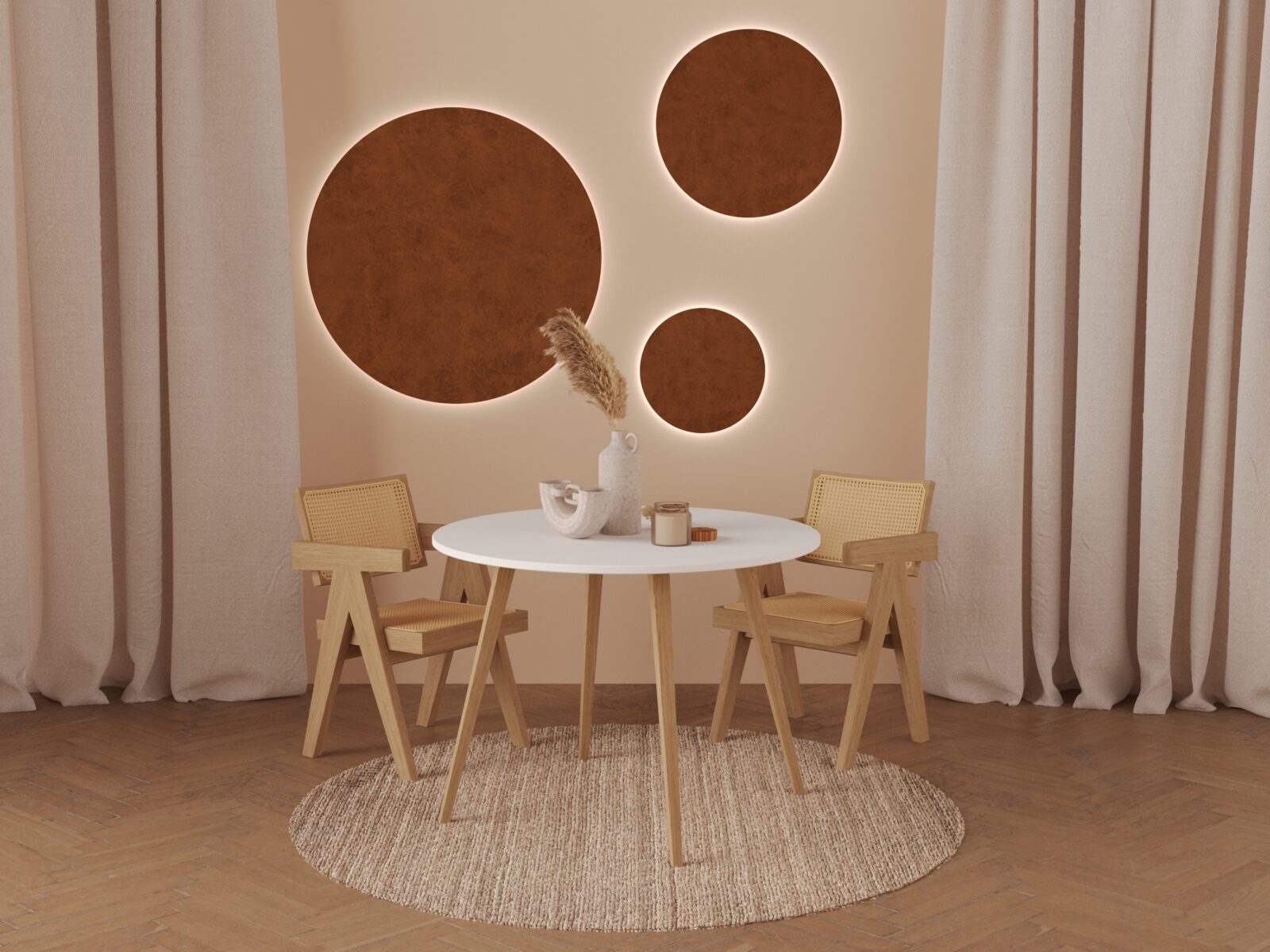Ronde eiken eettafel met poten van massief eiken
