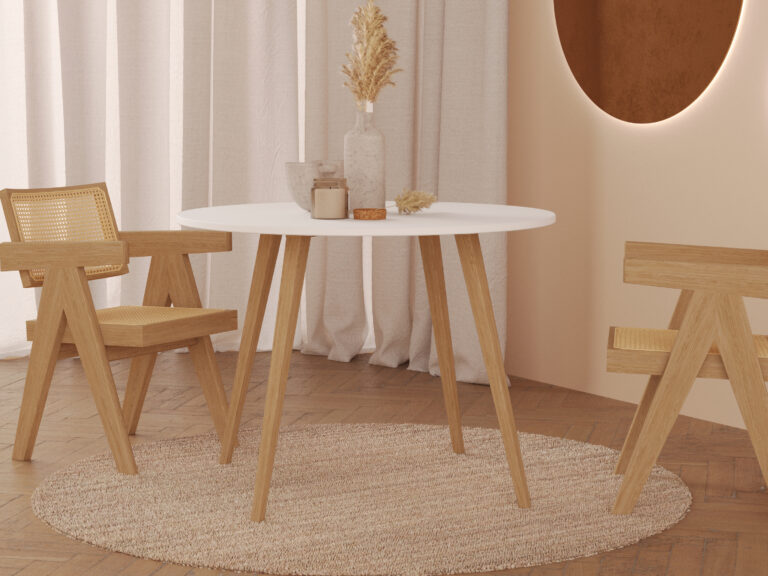 Ronde eiken eettafel met poten van massief eiken