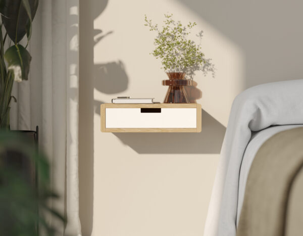 Scandinavisch houten zwevend nachtkastje met wit ladefront