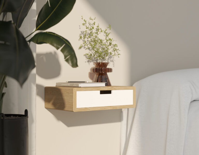 Scandinavisch houten zwevend nachtkastje met wit ladefront