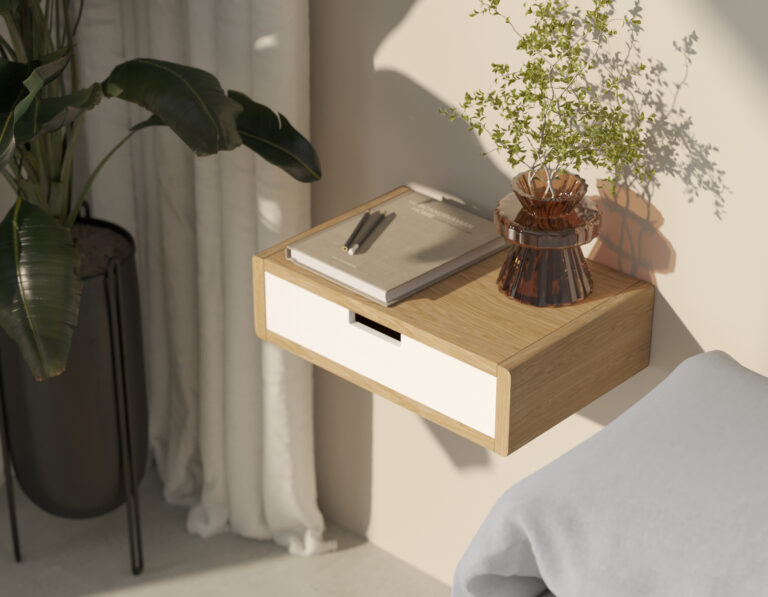 Scandinavisch houten zwevend nachtkastje met wit ladefront