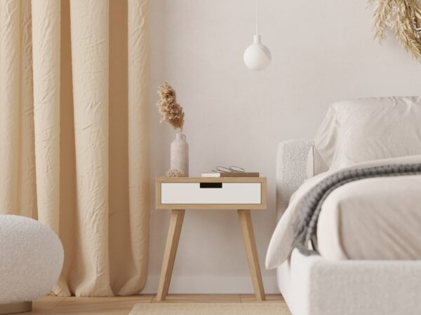Scandinavisch klein nachtkastje met wit ladefront
