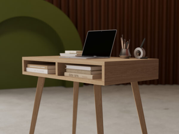 Smal eiken bureau met zijkanten en poten van massief eiken