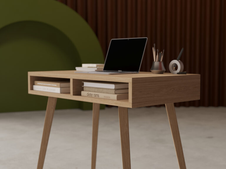 Smal eiken bureau met zijkanten en poten van massief eiken