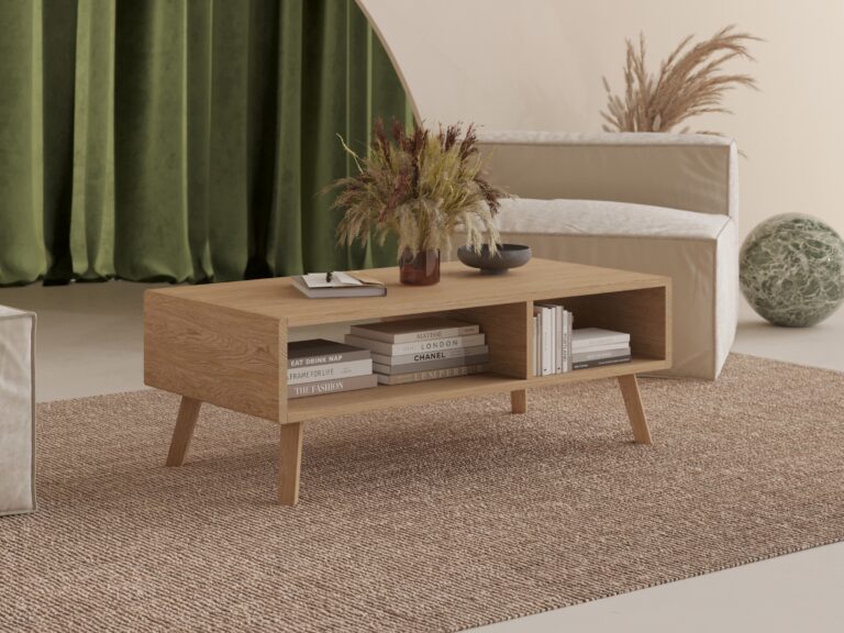 Grote lage rechthoekige houten salontafel, 120 cm