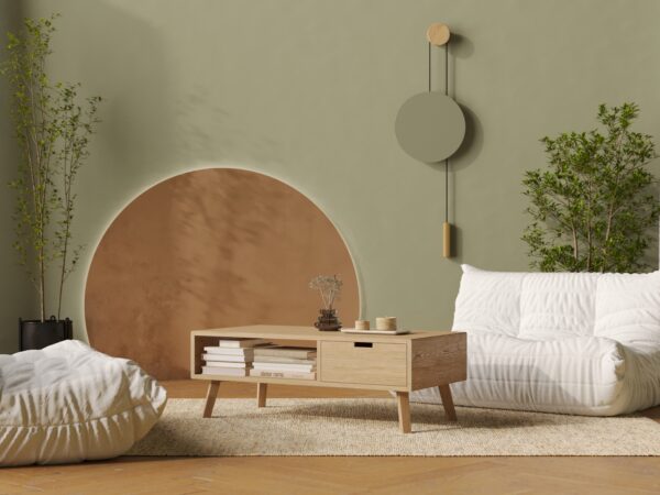 Lage eiken salontafel met lade en afgeronde randen, 120 x 60 cm
