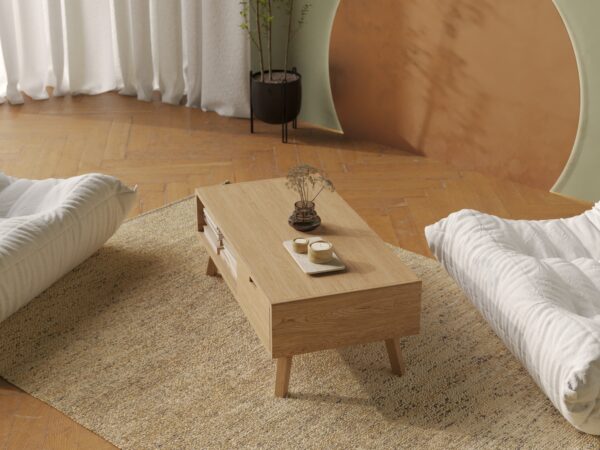 Lage eiken salontafel met lade en afgeronde randen, 120 x 60 cm