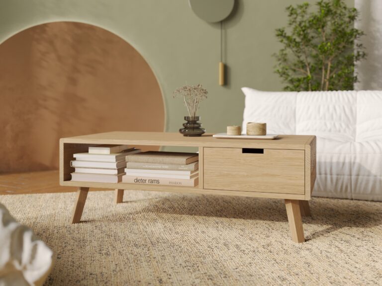Lage eiken salontafel met lade en afgeronde randen, 120 x 60 cm