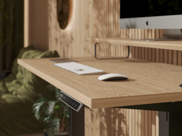 Klein houten elektrisch zit-sta bureau, 100-110 x 50-60 cm