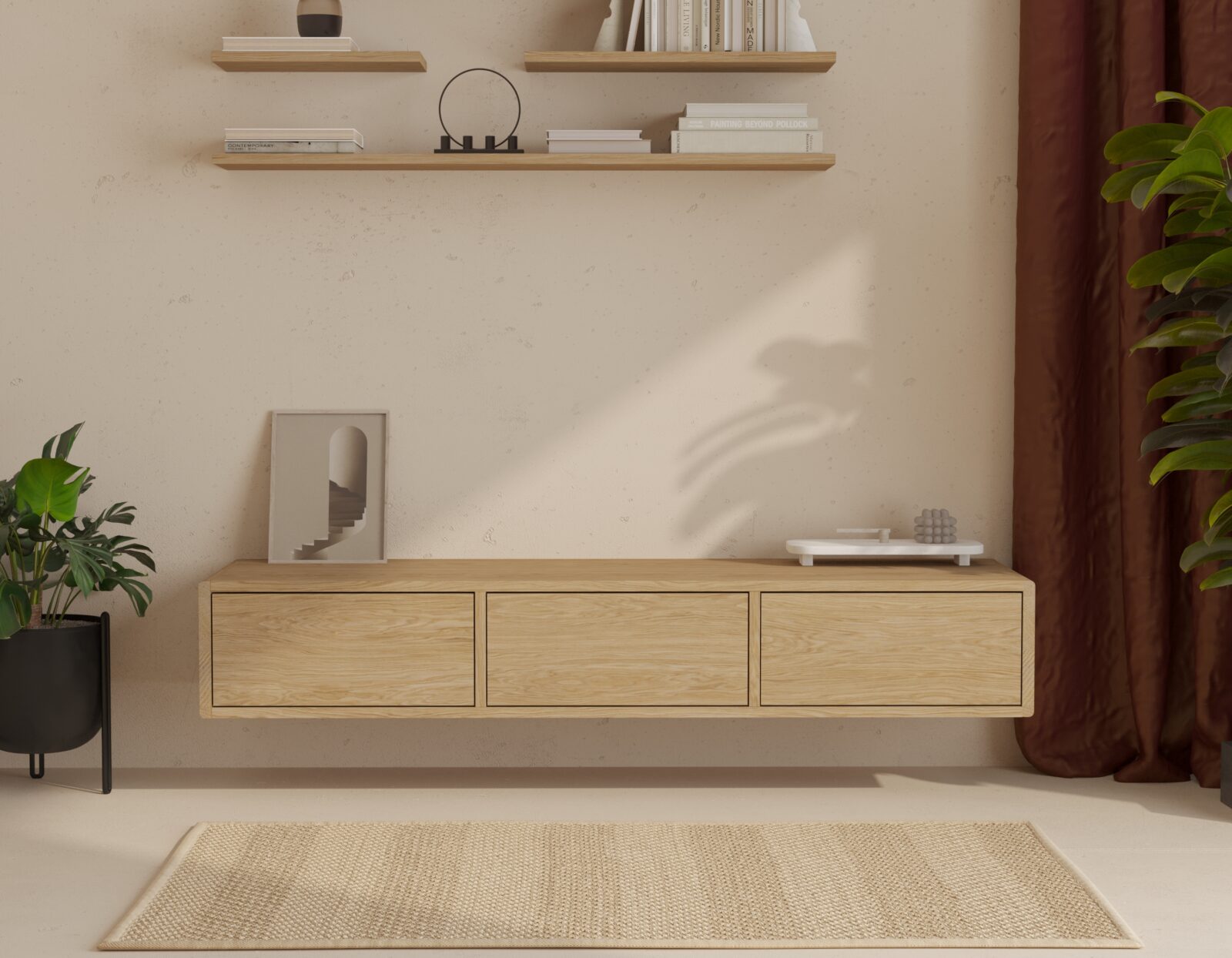 Eiken zwevend tv-meubel met zijkanten van massief eiken, 150 cm