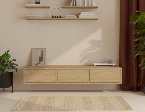 Eiken zwevend tv-meubel met zijkanten van massief eiken, 150 cm