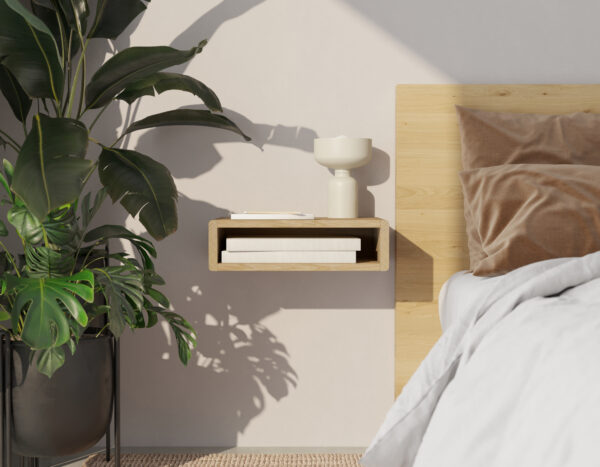 Minimalistisch zwevend nachtkastje met open schap