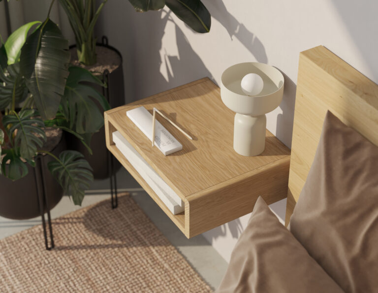 Minimalistisch zwevend nachtkastje met open schap
