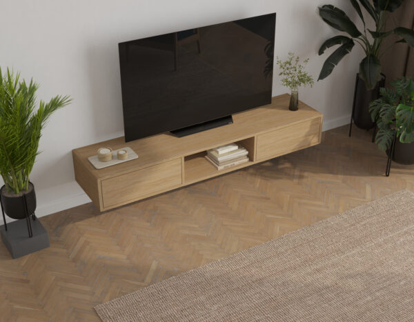 Modern eiken zwevend tv-meubel, 180 cm