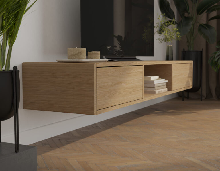 Modern eiken zwevend tv-meubel, 180 cm