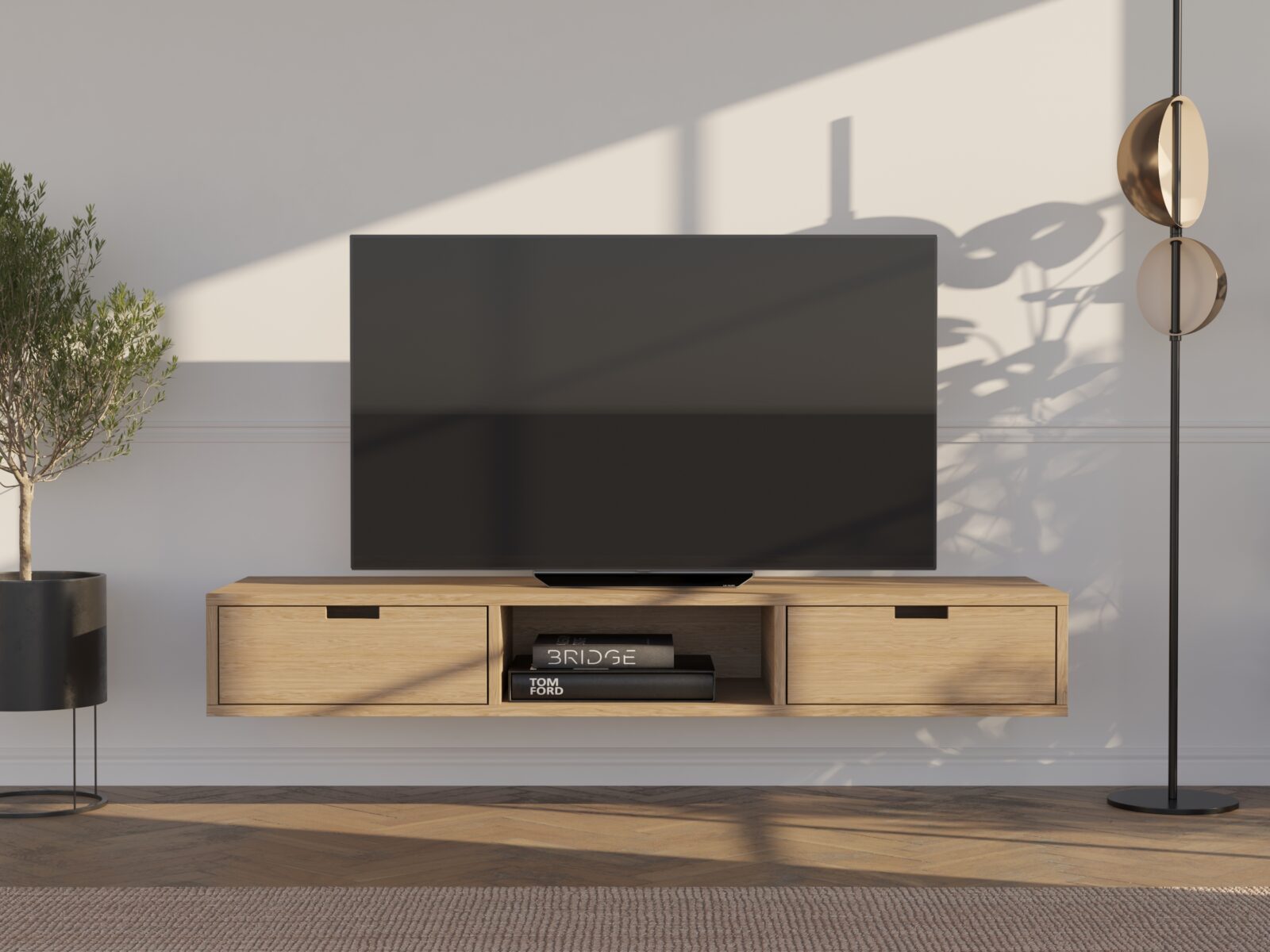 Eiken zwevend tv-meubel met lades, 150 cm