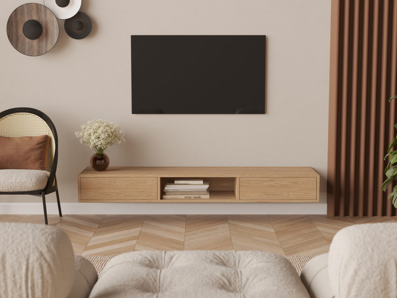 Eiken zwevend tv-meubel met afgeronde zijkanten van massief eiken, 200 cm
