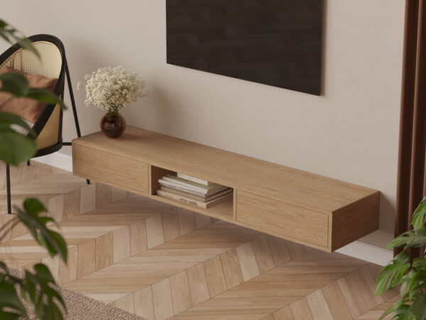 Eiken zwevend tv-meubel met afgeronde zijkanten van massief eiken, 200 cm