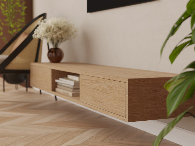 Eiken zwevend tv-meubel met afgeronde zijkanten van massief eiken, 200 cm