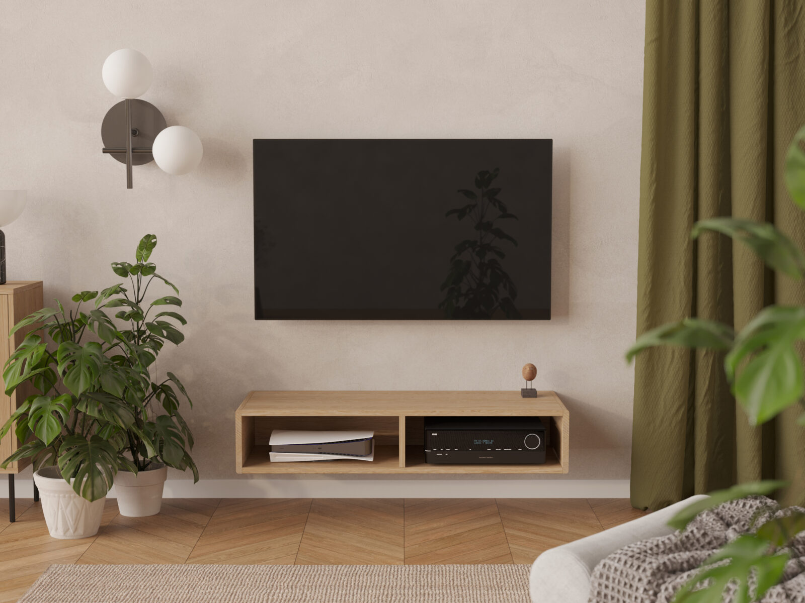 Eiken zwevend tv-meubel met open schap, 120 cm