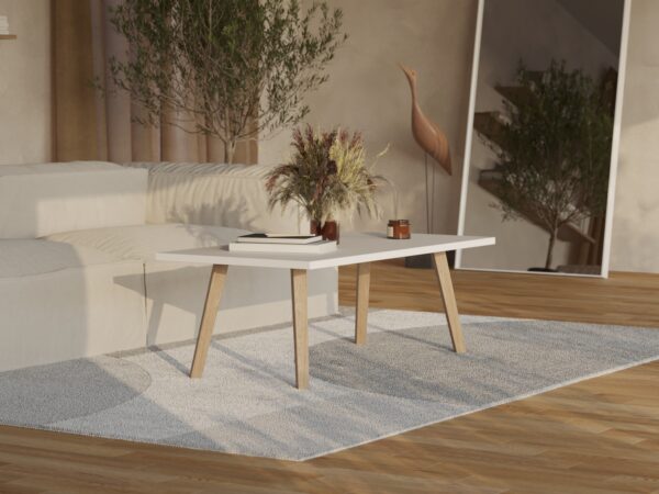 Lage rechthoekige houten salontafel met wit blad en houten poten