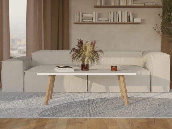 Lage rechthoekige houten salontafel met wit blad en houten poten
