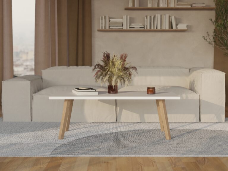 Lage rechthoekige houten salontafel met wit blad en houten poten