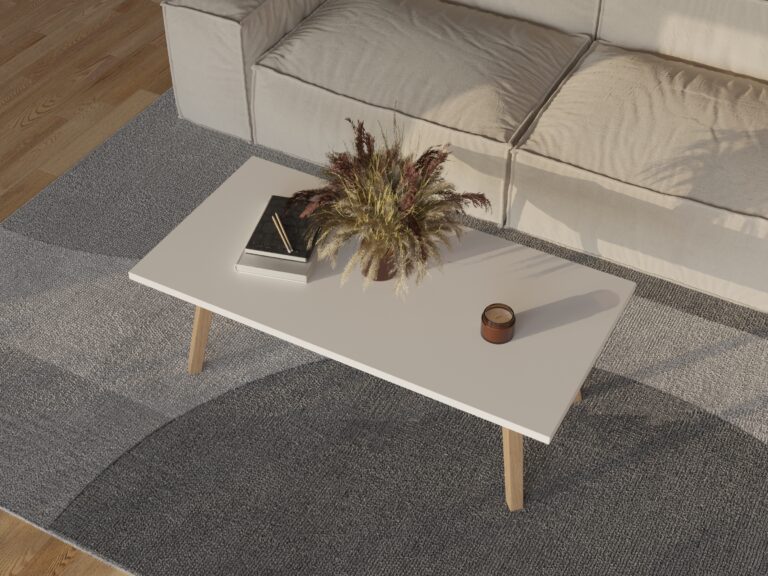 Lage rechthoekige houten salontafel met wit blad en houten poten