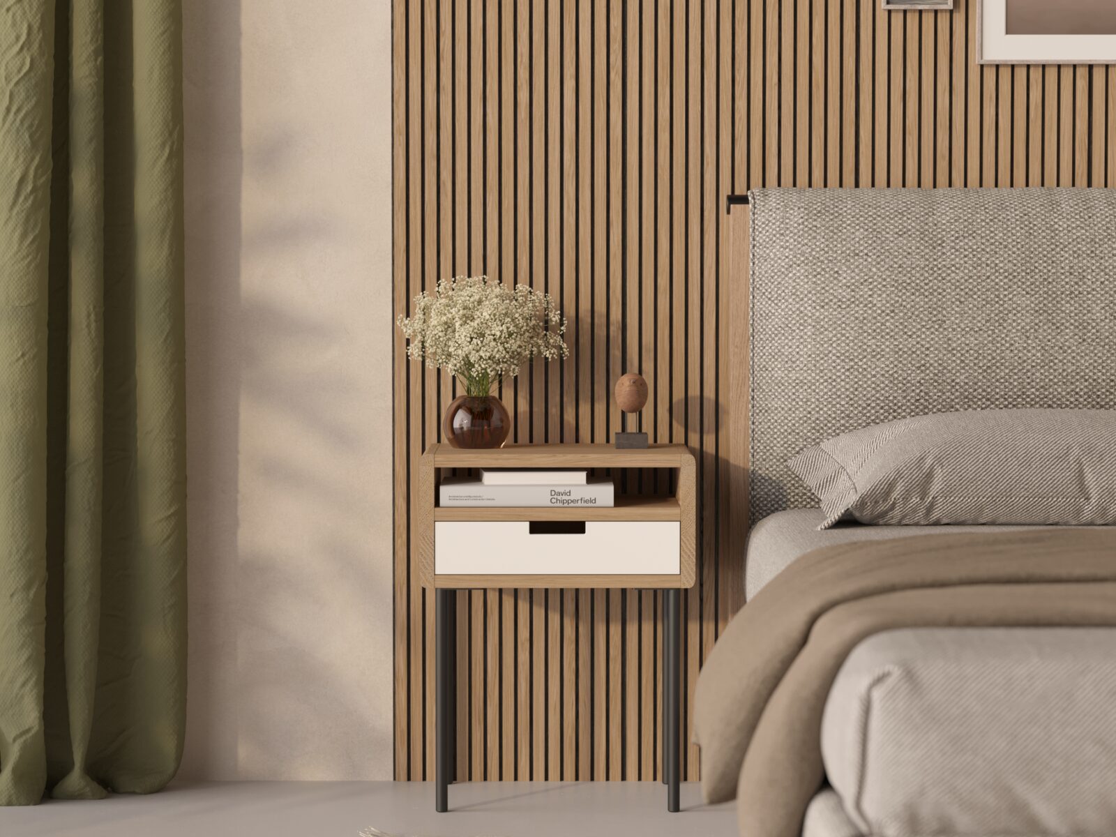 Houten nachtkastje met wit ladefront en metal poten